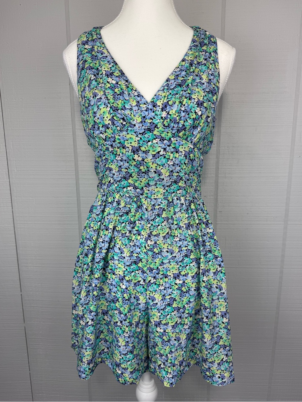 Vintage La Belle Blue Green Floral Empire Waist Romper V-neck Back Cutout 50s